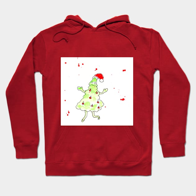 Christmas tree in Santa Claus hat,  xmas, holiday. Watercolor illustration on a winter theme, congratulations Hoodie by grafinya